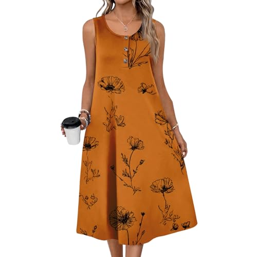 Women Round Neck Loose Fit Sundress Button Down Sleeveless Dresses Casual A Line 2026 Summer Dress with Pockets