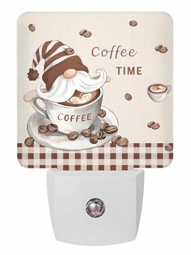 Image of Coffee Gnome Night Light Plug in LED Coffee Bean Linen Texture Automatic Sensor Night Lamps Square Night-Light Plug into Wall for Bedroom Bathroom Kitchen Hallway Decor