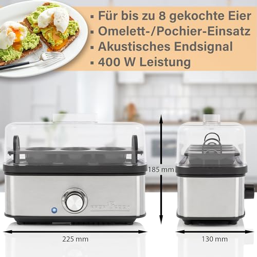 ProfiCook® Eierkocher für bis zu 8 Eier | Egg Cooker mit Omelett-/Pochier-Funktion | Egg Boiler mit Ei-Halter & Messbecher mit Ei-Picker | Eierkocher 8 Eier mit Kontrollleuchte & Summer | PC-EK 1275