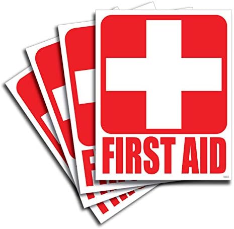 (4) First Aid Kit Sticker Sign Self Adhesive Decal 5"x4" for Car, Office or Business Emergency First Aid Kit Sign