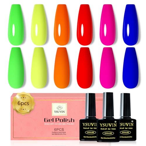 YSUVIN Esmalte Semipermanente Neón, 6 Colores Verde Fluo Naranja Rosa Azul Kit Uñas Semipermanentes, Pintauñas Semipermanentes Soak Off UV/LED Gel Uñas Diy Manicura Nail Art Set, 8ml