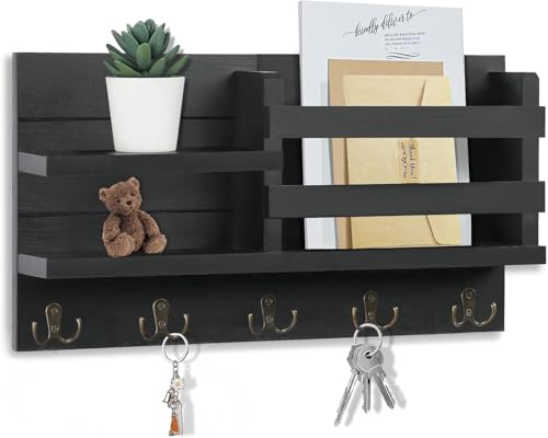 Image of Wooden Wall Mounted Key Holder with Hooks and Organizer Shelf Wall Rack for Letters Wallets and Accessories Home and Office Wall (Black, Elegant Mail Organizer)