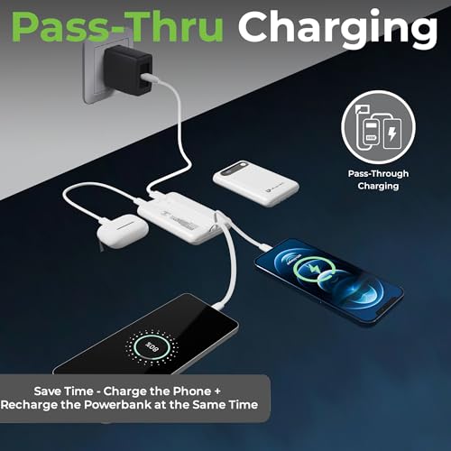 Image of UltraProlink Power Bank 10000mah Fast Charging|16.8mm Slim|22.5W QC-PD-PPS Fast Charging Battery Bank|with USB-C & iPhone Cable|Digital Display|Power Bank for Tablets & Smartphones|White |UM1127
