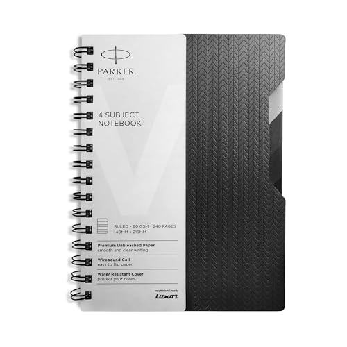 Image of Parker Wiro Premium Silver Notebook - A5, with Black & Grey Tabs, 240 Pages, 80 GSM, 4 Subject | Wirebound Design with Water-Resistant Cover & Glossy Sleeve