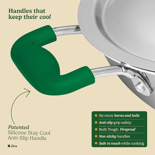 Image of Zira Triply Stainless Steel Casserole | Biryani Pot with Lid 22cm 4.0L | Fire Proof, Stay Cool Silicone Handle | Biryani Pot Heavy Bottom | Induction & Gas Friendly Triply Cookware| 10 Year Warranty