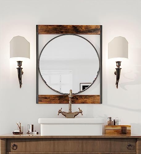 Artloge Decorative Wall Mirror Industrial: 24 Inch Round Silver Glass Vanity With Rustic Wood Edge And Black Rectangular Frame thumb #3
