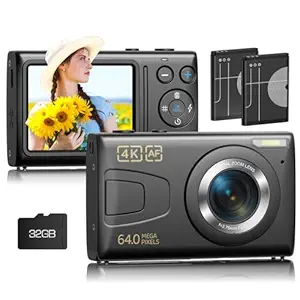 4K Digital Camera for Photography FIREFOTO Auto-Focus Vlogging Camera for YouTube 18X Point & Shoot Digital Cameras with SD Card, Flash, 2 Batteries Black
