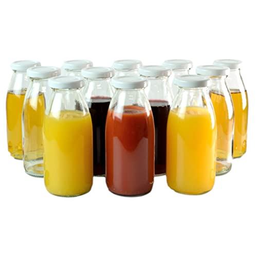 gouveo 12er Set Saftflasche 250 ml mit Schraubdeckel weiss - Glasflasche 0,25 l mit TO43 Verschluss - Leere Flasche für Saft, Smoothie, Limonade (SF250W)