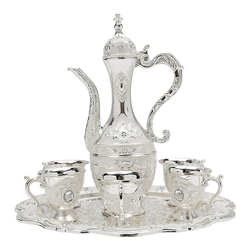 Headery Turkish Tea Set Vintage Metal Turkish Coffee Set with Pot Tray and 6 Cups Luxury Teapot Set Tea Party Set for Home Decor Birthday Christmas Wedding Restaurant Hotel (Silver)