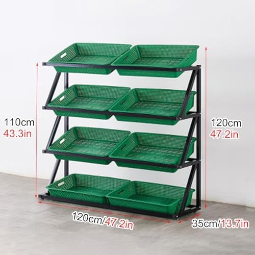 Free Standing Display Racks Mobile Storage Racks Cigarette Racks Supermarket Racks，Produce Storage Stand with Imitation Rattan Basket, Green Supermarket Retail Display Rack for Fruit Vegetab