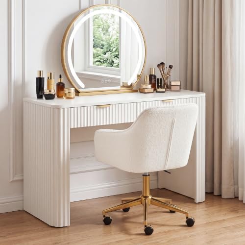 Image of Zesthouse Modern Desk Chair with Wheels, White Swivel Vanity Chair for Girls Women, Upholstered Home Office Chair Boucle Armchair for Bedroom, Height Adjustable Computer Task Chair, Gold Base