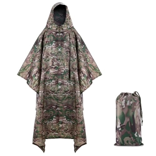 Image of PELLOR Hooded Military Rain Poncho for Adults with Pocket, Waterproof Lightweight and Extra Long, Unisex Raincoat for Hiking Riding, Camping Emergency, Outdoor Rain Cover Reusable