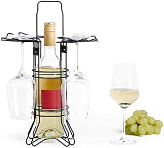 VonShef Wine Bottle & Glass Holder, Portable and Countertop Wine Rack with Handle/Carry Stand for Outdoor and Indoor Use, Suitable for 4 Glasses & 1 Bottle - Ideal for Picnics