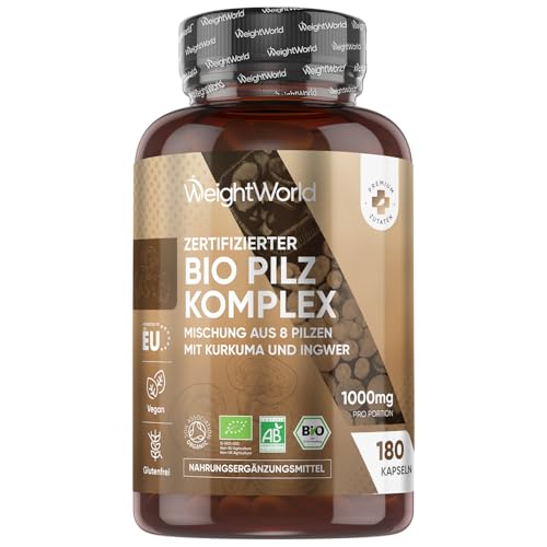 Organic Mushroom Complex - Mischung aus 8 Pilzen - 180 Kapseln mit Lions Mane Pilz Reishi Chaga Shiitake Cordyceps Kurkuma Ingwer Maitake - BIO Pilz Komplex - Hericium Erinaceus von WeightWorld