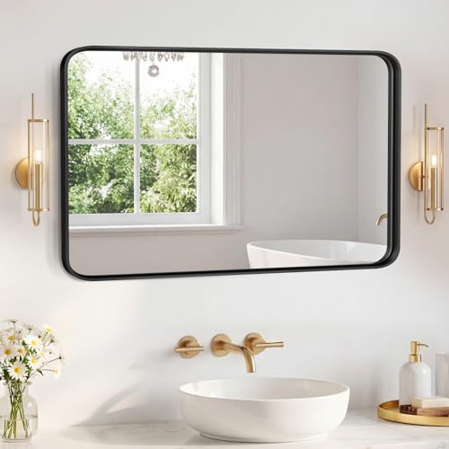 Image of Sweetcrispy Bathroom Mirror 48x32 Inch Metal Framed Rounded Rectangle Vanity Mirror for Wall, Over Sink, Farmhouse, Restroom, Anti-Rust, Modern Decorative, Horizontal or Vertical Hanging, Black