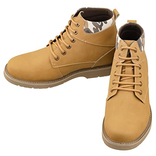 CALTO Men's Invisible Height Increasing Elevator Shoes - Nubuck Khaki Leather Lace-up Round-Toe Work Boots - 3.2 Inches Taller - YH7830 - Size 12 D(M) US4