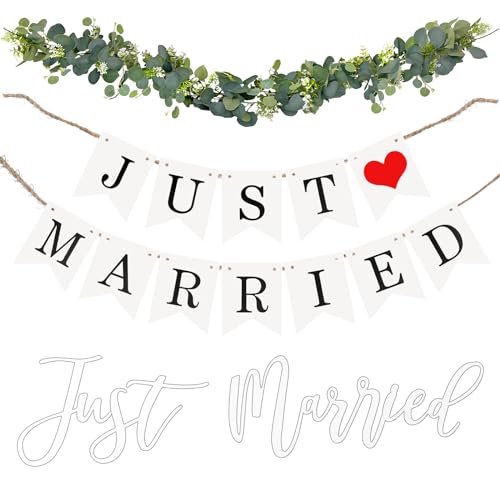 ElekTonny Elek Tonny Just Married Car Decorations Kit - Just Married Banner and Sign with Wedding Flower Vine- Wedding Car Decorations Automotive Decals Accessories White