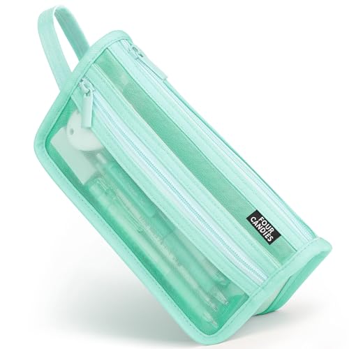 Four Candies Grid Mesh Pencil Case with Handle and Zipper, Clear Double-layer Pencil Pouch Marker Pouch, Travel Makeup Bag, Cute Transparent Stationary Organizer Pen Bag for Adult Office College