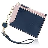 [GRAV] パスケース 定期入れ リール付き レディース かわいい カードケース 薄型 コインケース ネイビー&ピンク （キーチェーン ストラップ付き）