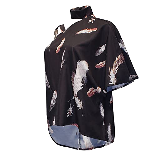 Janepam Women Summer Top Plus Size Halter-Neck Batwing Short Sleeve Metal Chain Strap Sunflower Pattern Off-Shoulder Graphic Print Oversized Loose Baggy Sexy T-Shirt C Sunflower Yellow 2XL - Thumbnail 5