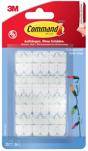 Command Dekorations-clips mit Klebestreifen, Transparent, 20 Clips und 24 Strips - Für Dekoration und Lichterkette ohne Löcher und Bohren