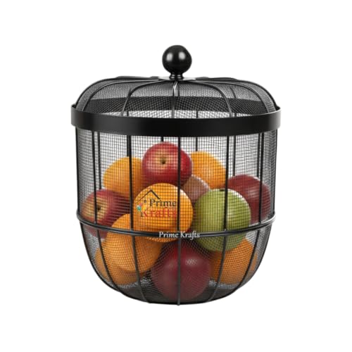 Image of Decorative Insect-Resistant Fruit and Vegetables Basket with Lid | Countertop Mesh (Jaali) Design Fruit Storage Basket for Kitchen, Dining Table, Living Room - Black