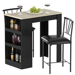 VECELO Small Bar Table and Chairs Tall Kitchen Breakfast Nook with Stools/Dining Set for 2, Storage Shelves, Space-Saving, Gray