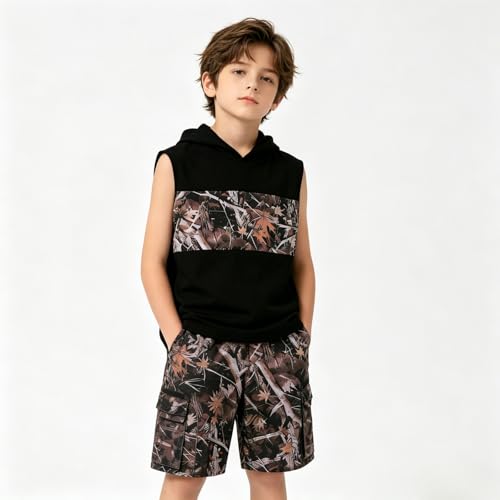 Image of Size 6-12 Years Boys Summer Clothes Hooded Sleeveless Tank Tops Workout Shorts 2 Piece Set Fashion Outfits