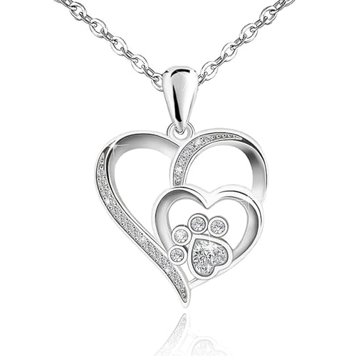 QttvbTna Collar de plata con colgante de corazón de pata, collares con colgante de corazón para mujer, circonita cúbica, pata de perro, gato, mascota, exquisito collar ajustable, regalos de joyería