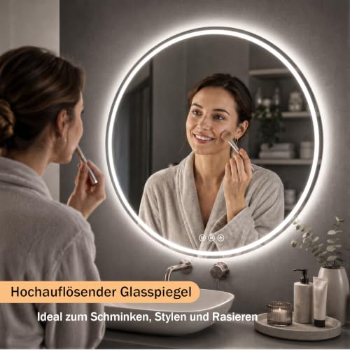 XRAMFY Badspiegel mit Beleuchtung 60cm*60cm, Antibeschlag, Rund Badezimmerspiegel mit Beleuchtung LED, 3 Lichtfarben, Dimmbar – Ansicht 6