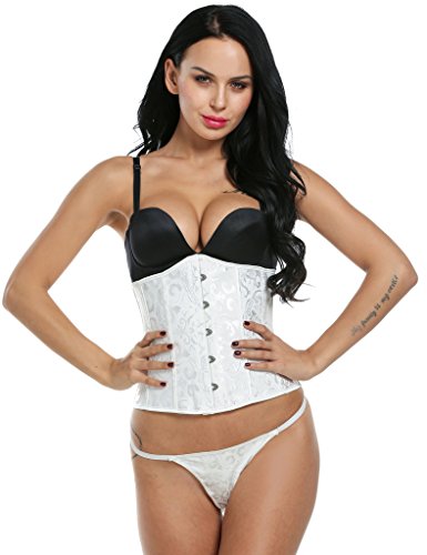 Ekouaer Women's White Underbust Waist Training Corset Steel Boned Waist Shaper