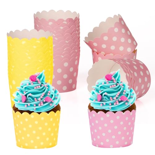 Cupcake Wrapper, 100 Stück Cupcake Liner Fall Wrapper Muffinförmchen Papier Cupcake Backbecher Papierkuchen für Backtage Geburtstage Hochzeiten und Partys Rosa Gelb