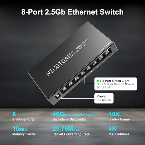 Image of 8 Port 2.5Gb Unmanaged Ethernet Switch with 8* 2.5Gbps Base-T Ports. NICGIGA 8 Port 2.5G Network Switch for 2.5Gbps NAS /PC, WiFi6 Router, Wireless AP. Fanless Design.