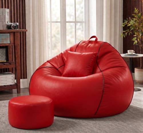 Image of Sattva Piping 5XL Sofa Style Bean Bag Chair with Beans Filled, Faux Leather Bin Bags Sofa Combo + Footstool & Cushion, Beanbags for Adults & Teens, Beans Bag with Beans - Red with Black Piping