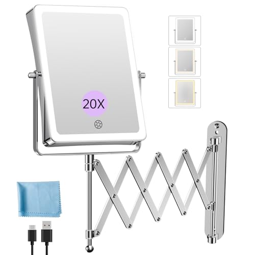 Famihomii 5000mAh Espejo Maquillaje con Luz Recargable, 8,7 Pulgadas de Doble Uso con 1X/20X Aumento, Espejo Aumento Pared, 3 Temperaturas de Luz, Regulable de Brillo, Giratorio 360° (Cromo)