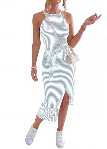 Image of NOLLSOM Women Casual Sleeveless Striped Tank Midi Dresses Halter Neck Ruched Bodycon Dresses Tie Waist T Shirt Summer Dress