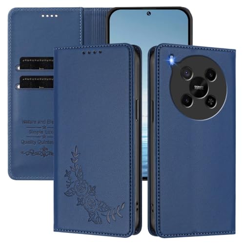 Étui ZTE Blade A73 4G bleu foncé housse portefeuille en cuir à rabat magnétique fleurs