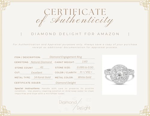 Diamond Delight 1 2/3 Carat Real Natural Diamond Round Halo Ring for Women - 14k White Gold Engagement Ring for Her - Stunning Halo and Pave Band (H, VS1, 1.60 cttw) - Promise Anniversary Band Size 74