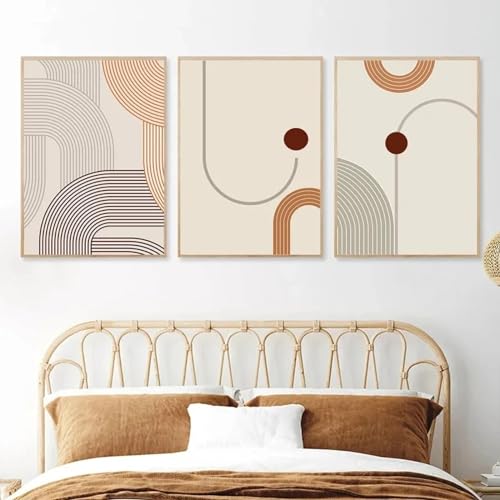 Toile géométrique beige KEBIA décoration d'intérieur raffinée triptyque sans cadre