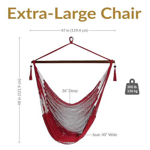 Image of Sunnydaze Outdoor Hammock Chair Swing for Reading - Hanging Hammock Swing for Indoor or Patio - 300lb Capacity - Caribbean XL - Red