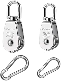 4pcs Single Pulley Block M20 M25 Rope Pulley Roller 304 Stainless Steel Steel Cable, with Carabiner, for Prevent Rope from Knotting Convenient to use Rope Loading(Silver)