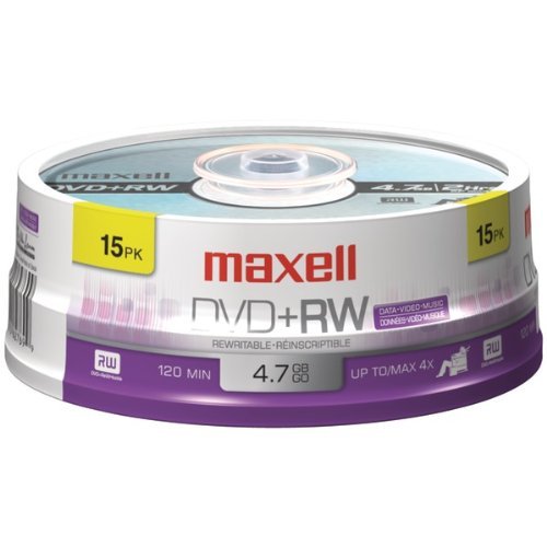 Maxell DVD+RW Rewritable Media Spindle, 4.7GB/120 Minutes, Pack of 15