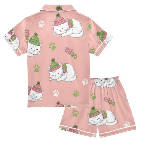 Satin Pajama Sets Short Sleeve Cute Cats with Hats Button Down Silky Nightwear 2 Piece PJS 5-14Y2