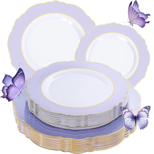 WDF 60pcs Purple Plates with Gold Rim - Baroque Light Purple Plastic Plates