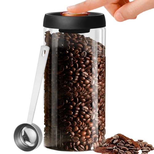 PRITOK 1800ML Airtight Coffee Canister: Leak Proof Vacuum Coffee Canister, Glass Coffee Bean Storage Jar with 30ml Measuring Spoon, Glass Food Storage Container for Beans, Tea, Flour