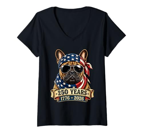 Women's USA 250th Anniversary 4th of July Patriotic French Bulldog V-Neck T-Shirt