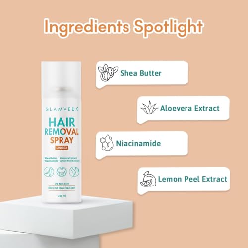Image of Glamveda Hair Removal Spray with Aloe Vera Extract | Painless Body Hair Remover for Men & Women | Helps Leave Skin Soft & Smooth | Suitable for Chest, Arms, Legs & Underarms | 200 ml