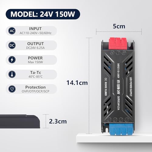 Image of LED Power Supply 24V 150W with Plug Ultra Slim LED Driver 110V AC to 24V DC 6.25A 150 Watt Quiet Low Volt Converter LEDs Transformer Constant Voltage for LEDs Strip Light, Indoor