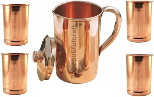 HRS India - Brocca per acqua in rame puro, 2 litri, 4 bicchieri in vetro tinta unita, 300 ml, benefici per la salute ayurvedica
