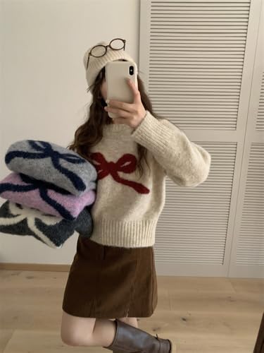 Image of Women's Y2K Bow Print Cropped Sweater Casual Loose Fit Pullover Tops Long Sleeve Crew Neck Chunky Knit Jumpers